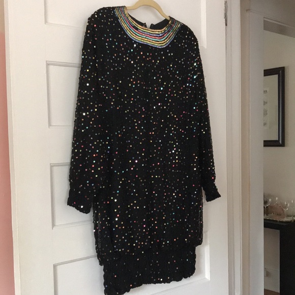 Saks Fifth Avenue Dresses & Skirts - Vintage Saks Fifth Avenue Dress Sequins Rainbow Black Beaded Ruched Mini